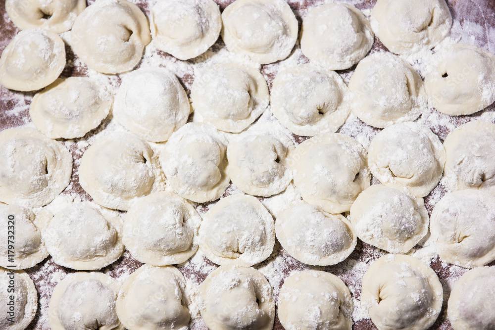 Dumplings of hand-made meat, sprinkled with flour on the table. Dumplings of hand-made meat, sprinkled with flour on the table.