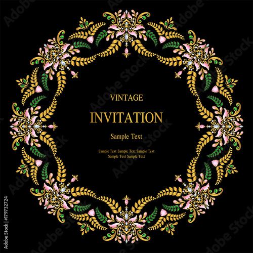  Wedding Invitation card templates with gold patterned and crystals on background color.