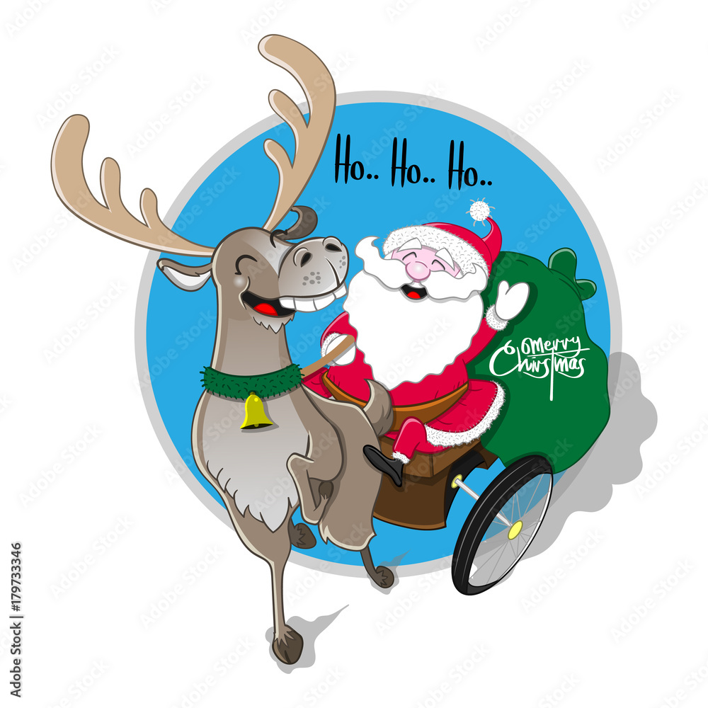 Fototapeta premium Santa Claus riding his reindeer greeting card cartoon vector
