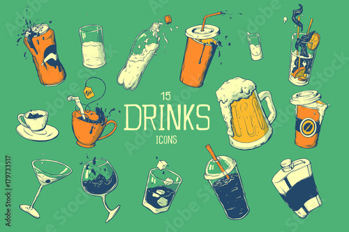 Drinks and cocktails icon set in hand drawing style. Vector illustration.