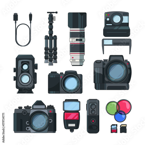Digital photo and video cameras in cartoon style. Professional equipment