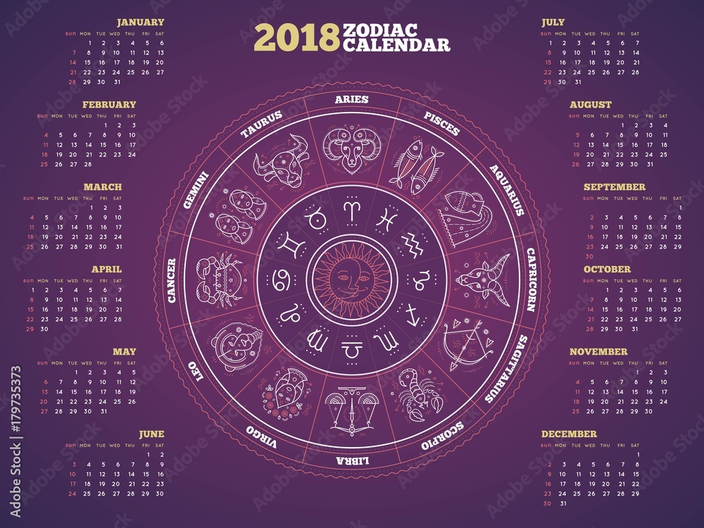 Zodiac Circle 2018 Year Calendar Poster Vector Illustration Stock zodiac-circle-2018-year-calendar-poster-vector-illustration-stock