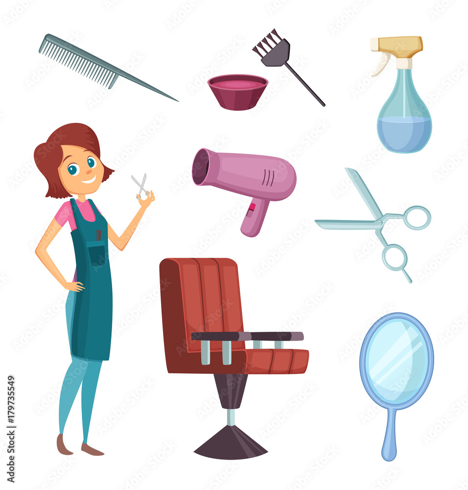 Female barber at work. Stylist with different tools for barbershop. Fashion  pictures in cartoon style Stock Vector | Adobe Stock