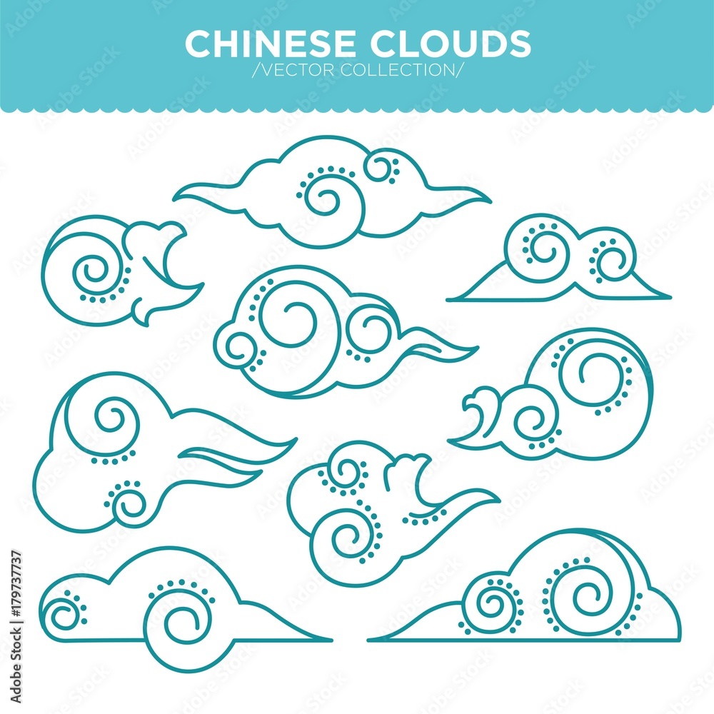 Chinese swirly clouds thin blue outlines vector collection