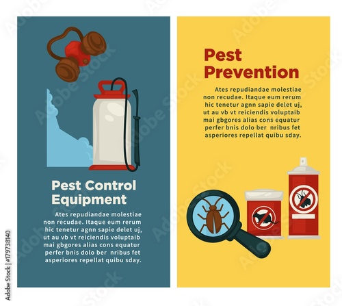 Extermination or sanitary pest control disinfection equipment vector flat design poster