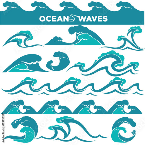 Waves icons of water tidal gale, blue ocean wave and stormy tida photo