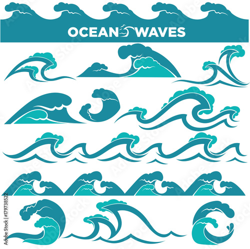 Waves icons of water tidal gale, blue ocean wave and stormy tida
