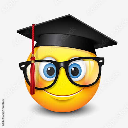 Cute smiling emoticon wearing mortar board and eyeglasses, , emoji