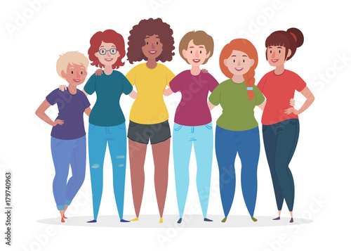 Group of women are hugging. Female together. Friendship vector illustration.