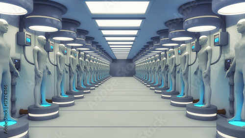 Φωτογραφία 3d rendering. Humanoid and futuristic room