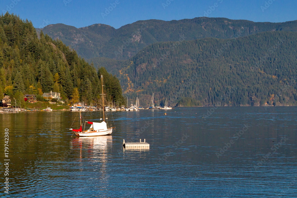 Marina in Deep Cove, bay, yacht in the harbor