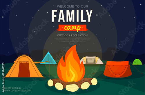 Poster with camping tent and campfire for family adventure camping. Vector illustration, flat style