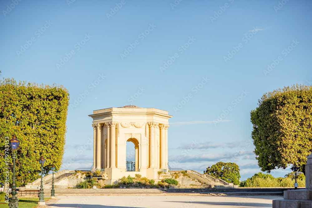 View on the beautiful Peyrou pavillon at the park in Montpellier city during the morning light in southern France