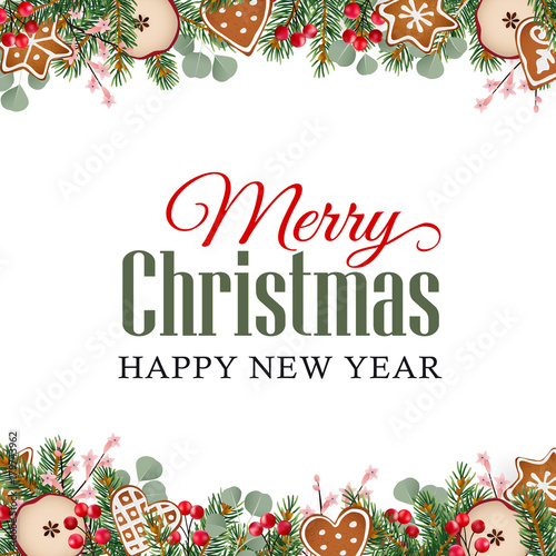 Christmas greeting card, invitation with floral garland made of fir tree and eucalyptus branches, holly berries and gingerbread cookies on white background. Isolated vector illustration, web banner.