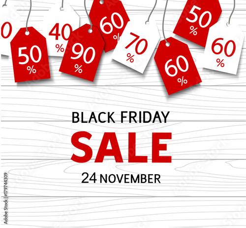 Black friday sale template. Vector discount tags on wood background and sale text