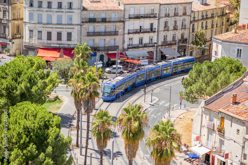 Aerial cityscape view on the old town of Montpellier city during the sunny weather in Occitanie region of France