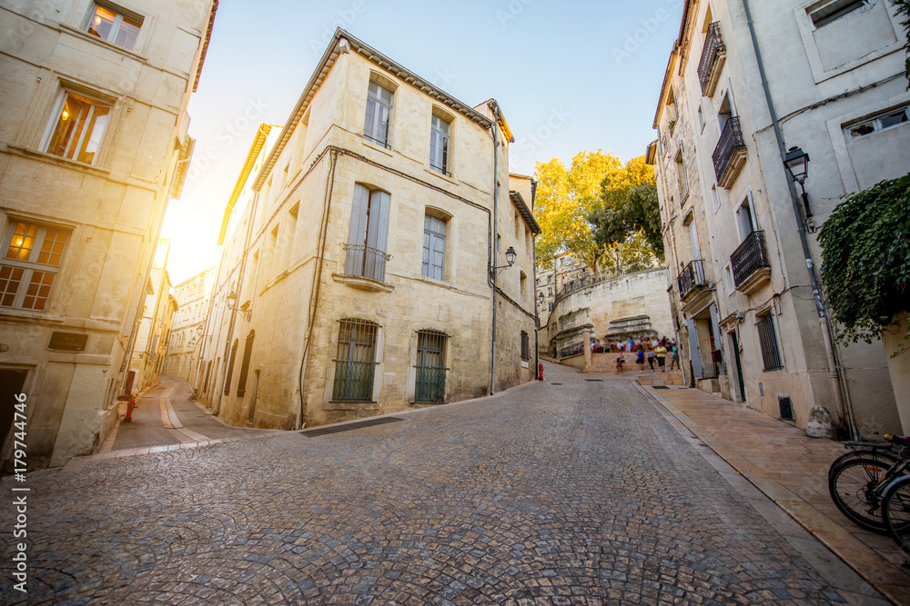Street view at the old town of Montpellier city in Occitanie region in France