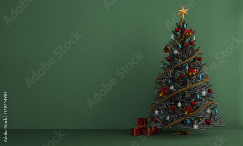 The Christmas tree and green wall background texture