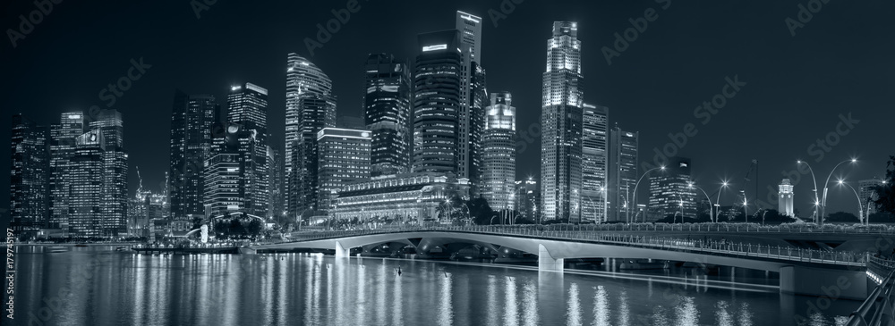 Fototapeta premium Singapur nocy panorama panoramę centrum miasta. Etykiety i znaki towarowe zostały zmyte