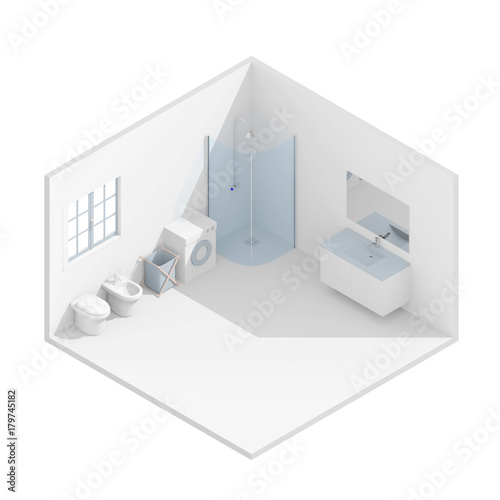 3d isometric rendering of furnished blue bathroom photo