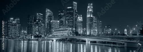 Singapore night downtown skyline panorama. Labels and trademarks blured