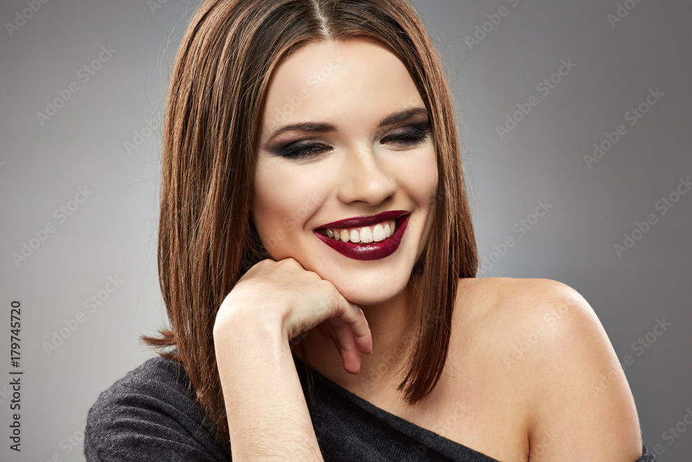 Close up face portrait in teenager style make up. Isolated happy girl portrait.