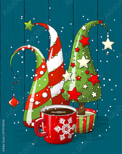 group of abstract christmas trees and coffee cup, holiday motive, illustration