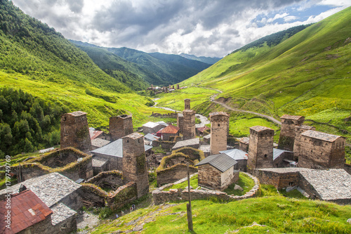 Svaneti mountain towers in Georgia. Landscape of Caucasus photo
