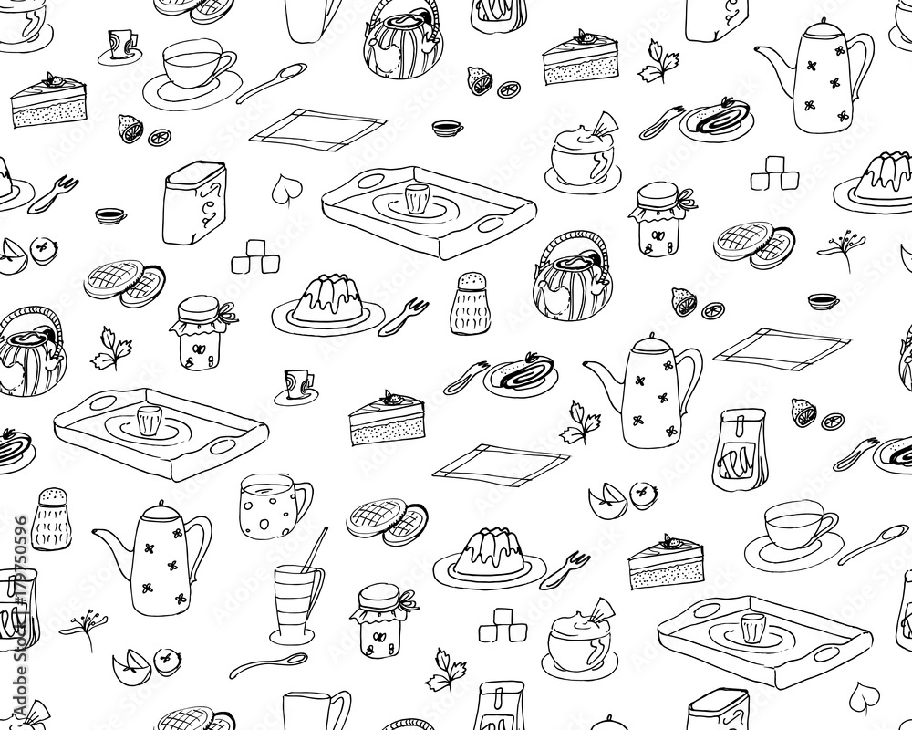 Obraz premium Hand-drawn vector wallpaper of breakfast ingredients and snacks, isolated on a white background - doodle seamless