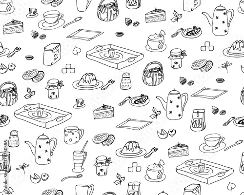 Hand-drawn vector wallpaper of breakfast ingredients and snacks, isolated on a white background - doodle seamless