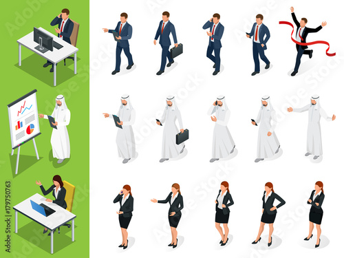 Isometric Business characters poses. Set of Businessmans, Businesswomans and Arab Mans on white background. Cartoon people. Create your own design for vector.