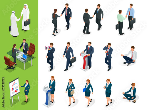 Isometric Business characters poses. Handshake. Set of Businessmans, Businesswomans and Arab Mans on white background. Cartoon people. Create your own design for vector.