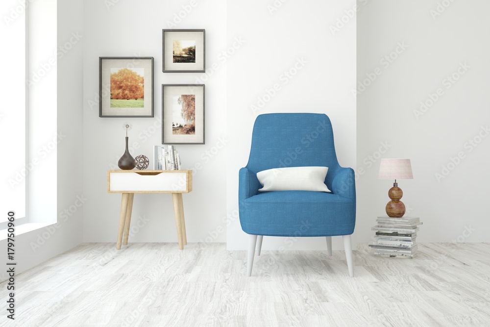 Inspiration of white minimalist room with armchair. Scandinavian interior design. 3D illustration Inspiration of white minimalist room with armchair. Scandinavian interior design. 3D illustration