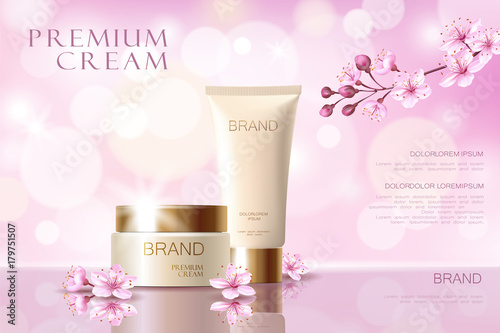 Fototapeta Naklejka Na Ścianę i Meble -  Sakura flower cosmetic promotional poster template. Pink petal blossom japanese branch. Golden pink package realistic 3d face care defocused background vector illustration