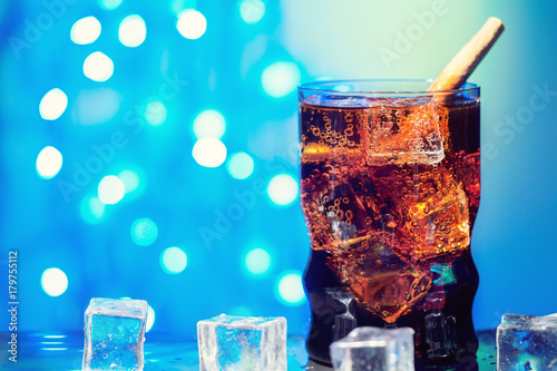 Photography Cola in drinking glass with ice cube sweet sparkling carbonated drink beverage f