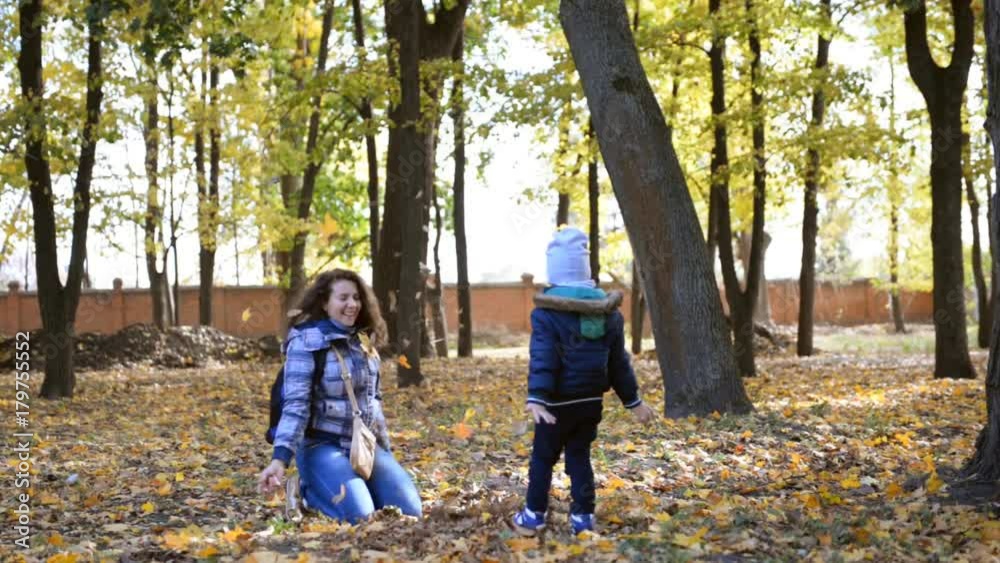 Mom and his little son are playing in the park. Mom and his little son are playing in the park.