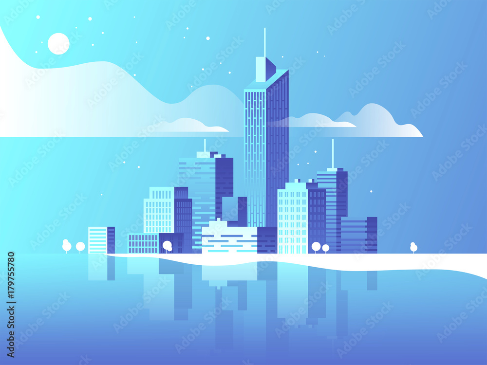 Night city landscape. Modern architecture, buildings, skyscrapers. Flat vector illustration. 3d style.
