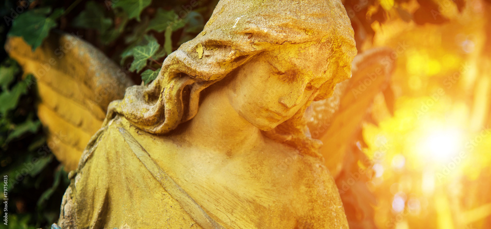 The figure of an angel in a golden glow. Symbol of love, invisible forces, purity, enlightenment, ministry. Guard. Place for the inscription.