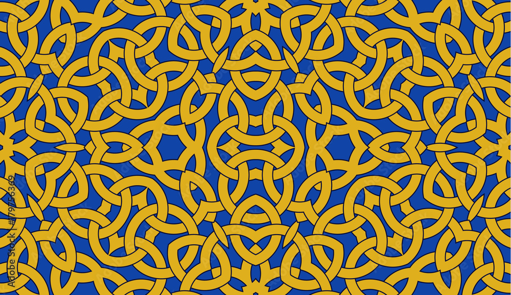 Seamless pattern with golden celtic knot ornament on blue, background Seamless pattern with golden celtic knot ornament on blue, background
