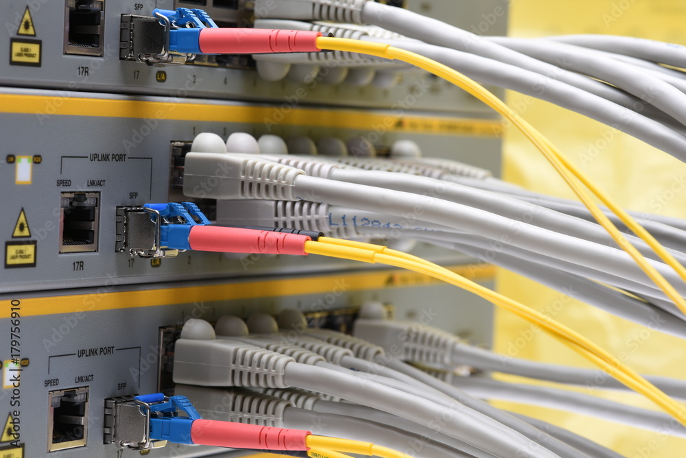 Network cable connected to network switch in data center Network cable connected to network switch in data center
