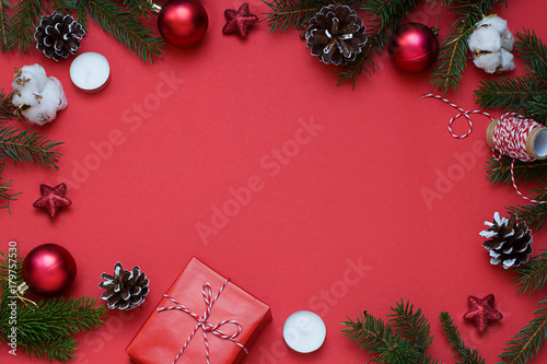 Christmas  New Year red stylish flat lay frame with ribbon. Winter holiday composition. Top view. Copy space
