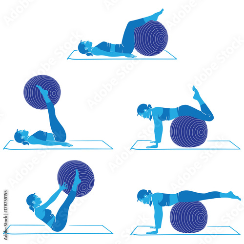 Woman doing exercises and physiotherapy gym with pilates ball material. Ideal for catalogs and educational material and institutional