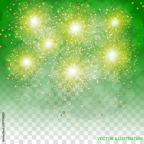 Brightly Colorful Fireworks. Transparent illustration of Fireworks. Green holiday fireworks background.