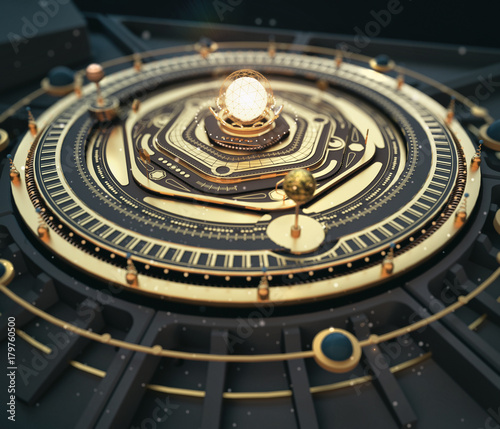 illustration fantasy dieselpunk solar system model astrolabe Steampunk Background. Quality 3D render photo