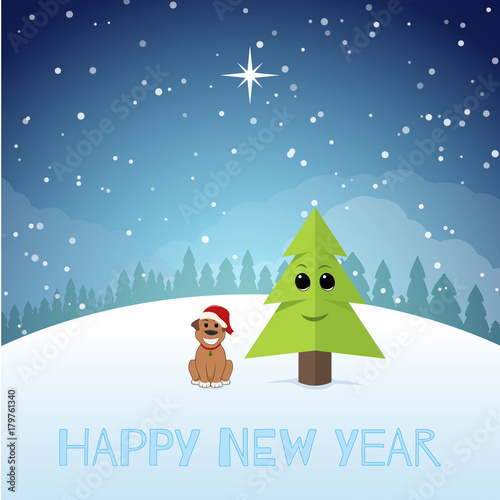 Funny Puppy near the Christmas tree. New year illustration.