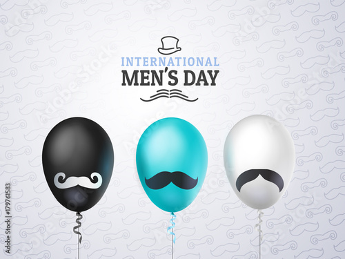 International men's day or Father's Day vector greeting card. Realistic balloons black, white, blue with mustache on light background. Pattern of mustache. For your design, layout. 3d illustrations