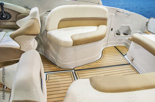 Cockpit of yacht from wood and leather © tadeas
