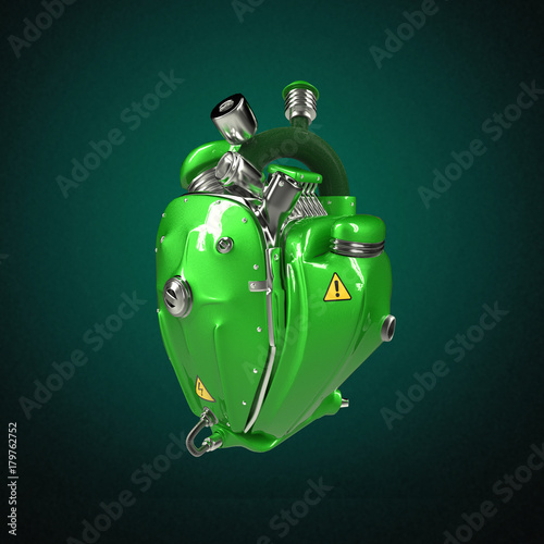 Diesel punk robot techno heart. engine with pipes, radiators and glossy green metal hood parts.  isolated photo