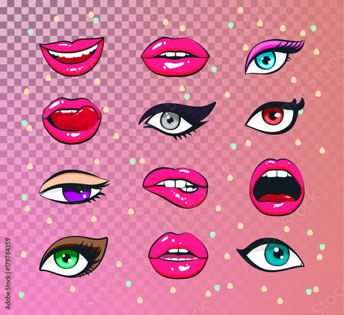 Vector stickers kit of female lips and woman eyes: eyelashes eyes of fatal beauty bright makeup with different emotions.