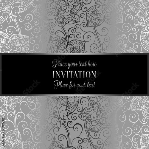 Victorian background with antique, luxury black and silver vintage frame, victorian banner, damask floral wallpaper ornaments, invitation card, baroque style booklet, fashion pattern, template